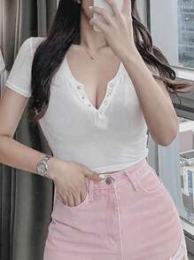 DAZY Women's Fashion Solid Color Tight Short Sleeve T-Shirt