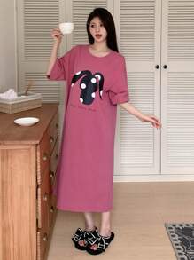 DAZY Cute Polka Dot Rabbit Printed Loose Home Dress Pajama - Pink - View 8