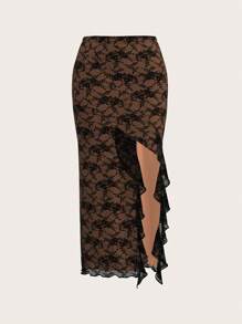 Sweetina Women's Y2k Summer Outfits Prom Low-Rise Contrast Color Side Slit Long Curve Lace Skirt With Ruffle Hem Lace Decoration
