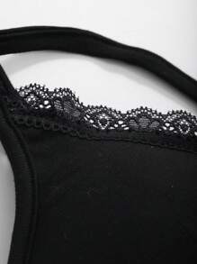 DAZY 女士纯色拼接蕾丝镂空吊带背心上衣外出上衣夏季背心 - 黑色 - 查看 9