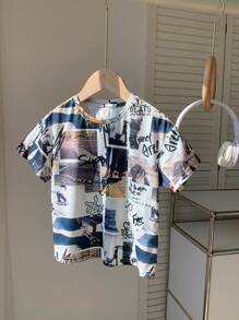 Camiseta Casual de Gola Redonda com Manga Curta de Estilo Jovem com Fotografias de Paisagem emolduradas