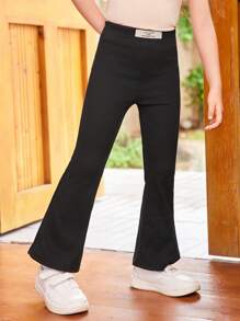 SHEIN Young Girls' One-Piece Cute Holiday Letter Patterned Woven Label Mid-Rise Flare Pants - Black - View 5