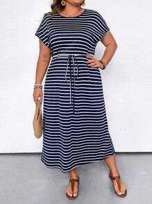 Women's Plus Size Casual Long Striped Print Batwing Sleeve Dress With Waist Tie And Round Neckline For Summer Maxi Women Outfit - Navy Blue - View 5