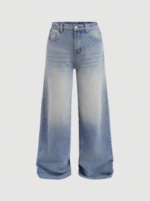 SHEIN Tween Boy Casual Washed Loose Straight Leg Light Blue Jeans,For Daily Wear - Light Wash - View 1