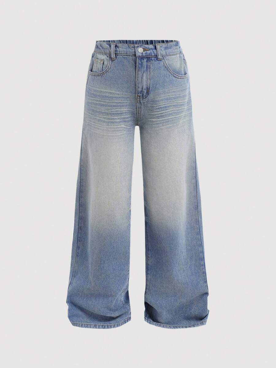 SHEIN Tween Boy Casual Washed Loose Straight Leg Light Blue Jeans,For Daily Wear - Light Wash - View 1