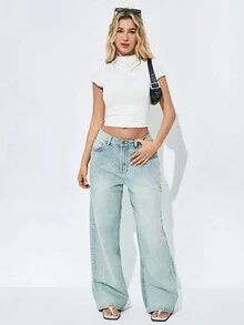 SHEIN Unity Áo thun dệt kim thiết kế hình vỏ sò, cổ cao nửa vai và vai thông thường - trắng - Xem 3