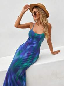 EURMUSE Navy Blue Mesh Printed Long Dress - Navy Blue - View 5