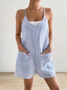 SHEIN EZwear Women's Summer Casual Striped Jumpsuit With Double Pockets