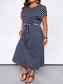 Women's Plus Size Casual Long Striped Print Batwing Sleeve Dress With Waist Tie And Round Neckline For Summer Maxi Women Outfit - Navy Blue - View 3