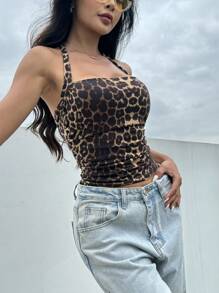 SHEIN EZwear Summer Casual Women's Y2K Leopard Print Halter Crop Top - Brown - View 6