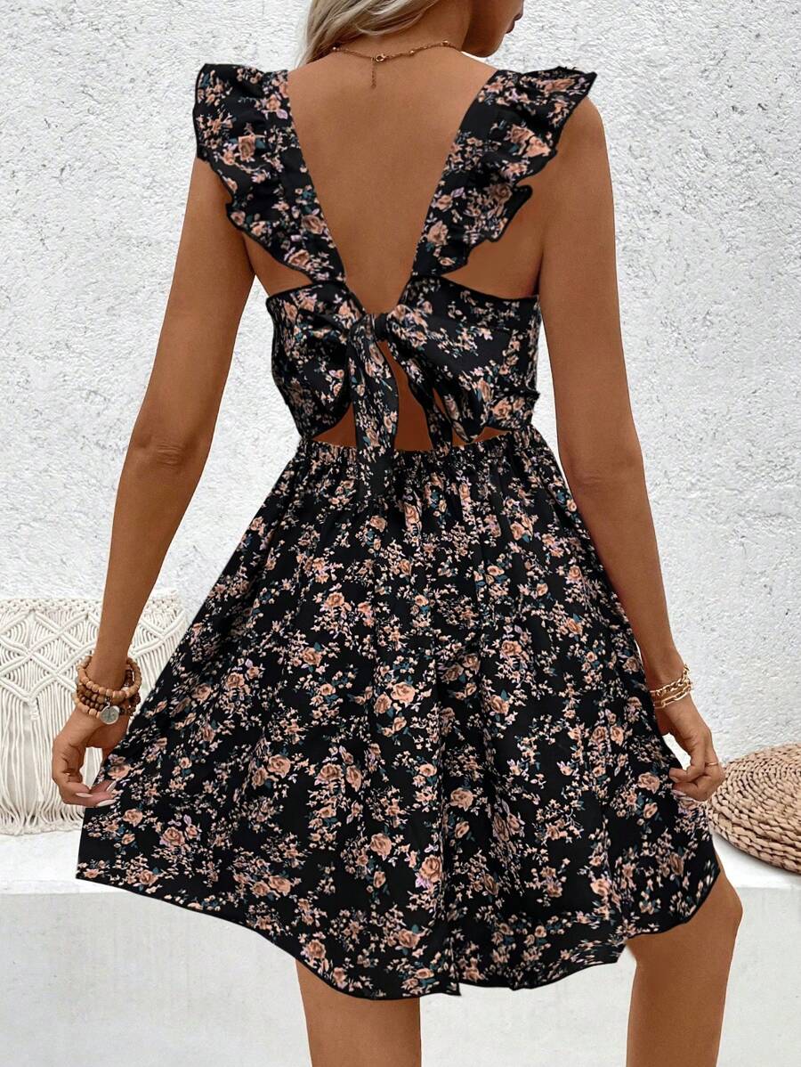 Breezaya 女士夏季度假吊带碎花露背结饰小荷叶袖连衣裙度假海滩装 - 黑色 - 查看 1