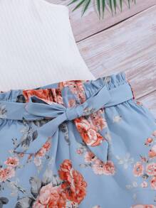 SHEIN 適合少女春夏季的針織上衣和編織花卉設計休閒短褲套裝 - 淺藍色 - 查看 3