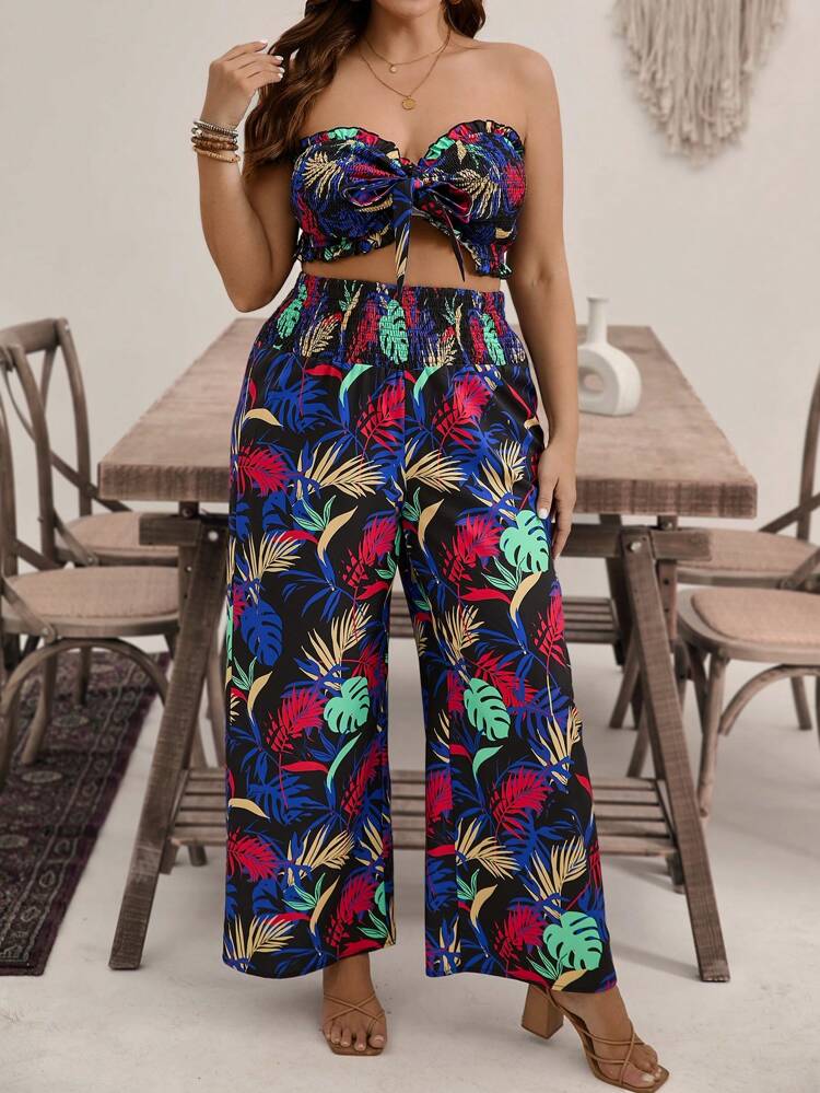 Plus Size Women's Random Print Strapless Top And Long Pants Set