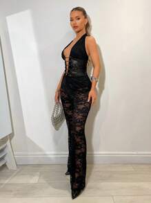 SHEIN BAE جمبسوت رومبر قطعة واحدة نسائية مزخرفة بالدانتيل، جمبسوت شفافة لحفلات الموسيقى والمهرجانات الصيفية - الأسود - مشاهدة 5