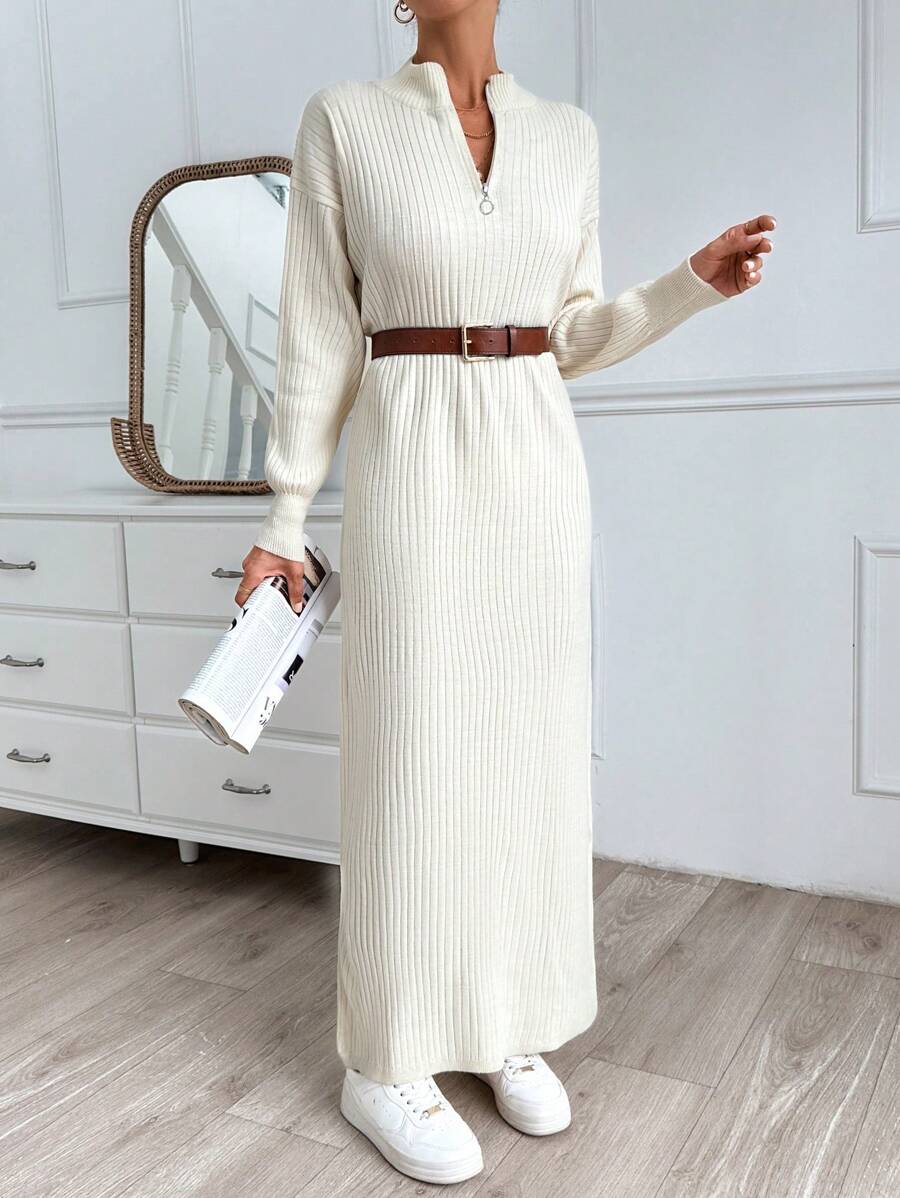 EURMUSE Women Solid Color Ribbed Zipper Long Knitted Sweater Dress - Apricot - View 1