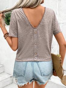 SHEIN Frenchy Solid Color V-Neck Casual Short Sleeve T-Shirt, Summer - Brown - View 6