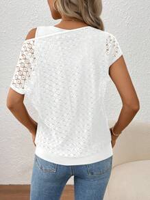 SHEIN LUNE Women's Lace Spliced 2 In 1 Asymmetrical Neck Top For Holiday Party Clothes - White - View 2