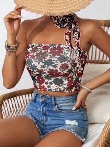 SHEIN VCAY Camiseta corta de malla tejida con estampado floral para mujer, ajuste delgado, ideal para vacaciones