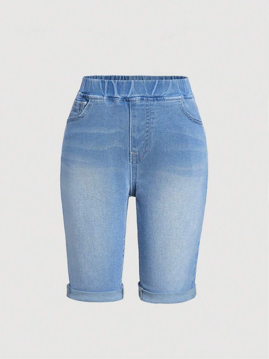 SHEIN 年輕女孩彈性牛仔短褲，水洗，休閒時尚 - 淺色水洗藍 - 查看 1