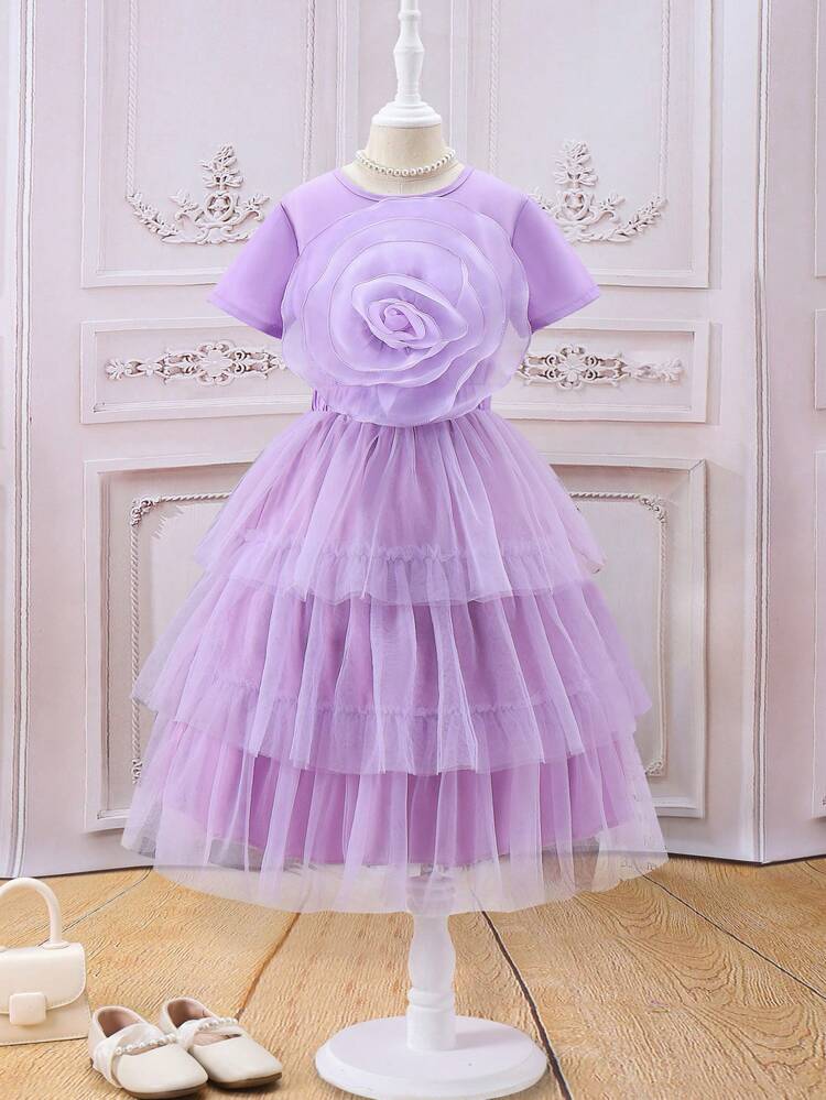 Toddler Girls' Top With 3D Flower Decorations And Mesh Skirt, 2pcs Set For An Elegant And  Look