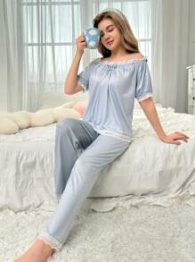 Lichtblauwe, eenvoudige, losse pasvorm, top met korte mouwen en lange broek, 2-delige homewear-set voor tienermeisjes