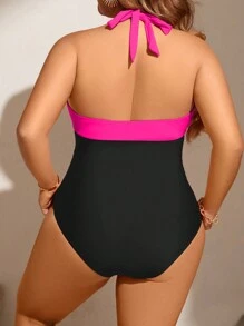 SHEIN Swim Curve Traje de baño de una pieza con pliegues y diseño color-block para playa y verano en tamaño grande con cuello halter - Negro - Ver 2