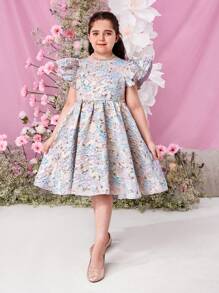 SHEIN Tween Girls Extended Size Elegant &  Woven Jacquard Short Sleeve Dress For Spring And Summer - Multicolor - View 4