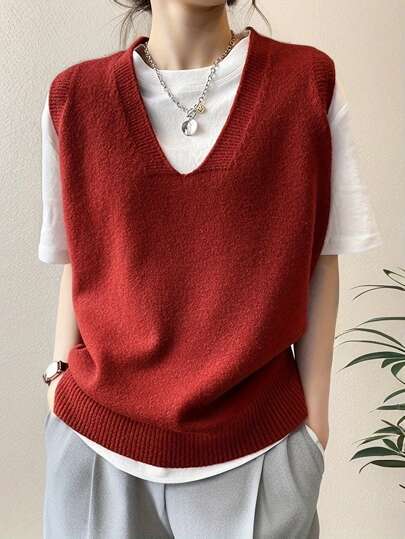 EMERY ROSE Damska, jednokolorowa, wiosenna kamizelka sweterkowa z dekoltem w kształcie litery V