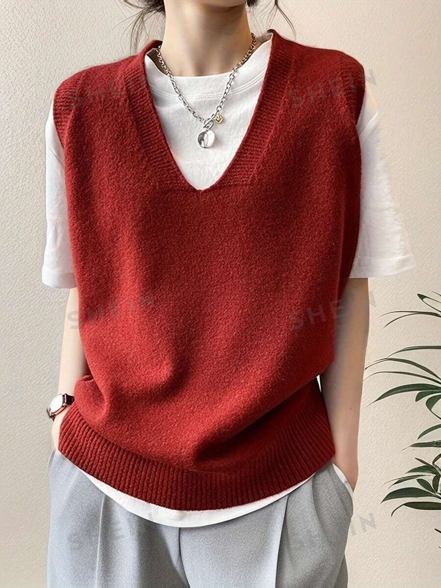 Zielony Chaleco de suéter casual de primavera con cuello en V y unicolor para mujeres