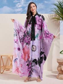 Al Najma 女式花卉印花蝙蝠袖阿拉伯连衣裙（腰带） - 彩色 - 查看 6