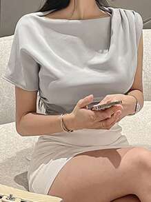 DAZY 女性夏季實色休閒不對稱領褶皺T卹 - 灰色 - 查看 5