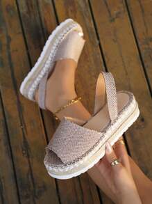 女士厚底厚底凉鞋，露趾编织厚底夏季新款系带休闲鞋，加大码 - 卡其色 - 查看 3