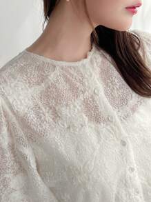 FRIFUL Áo sơ mi dài tay jacquard trơn màu thanh lịch, Xuân/Hè, nhún bèo - Màu be - Xem 6
