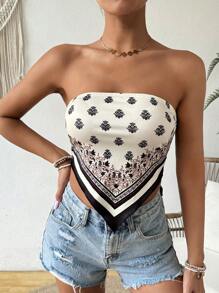 SHEIN VCAY Top de tubo estampado de moda para mujer para vacaciones de verano - Albaricoque - Ver 5