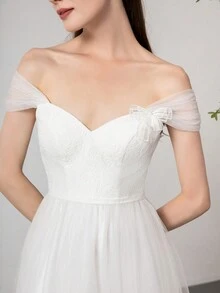 Elegant Lace Patchwork Net Bridesmaid Dress - White - View 4
