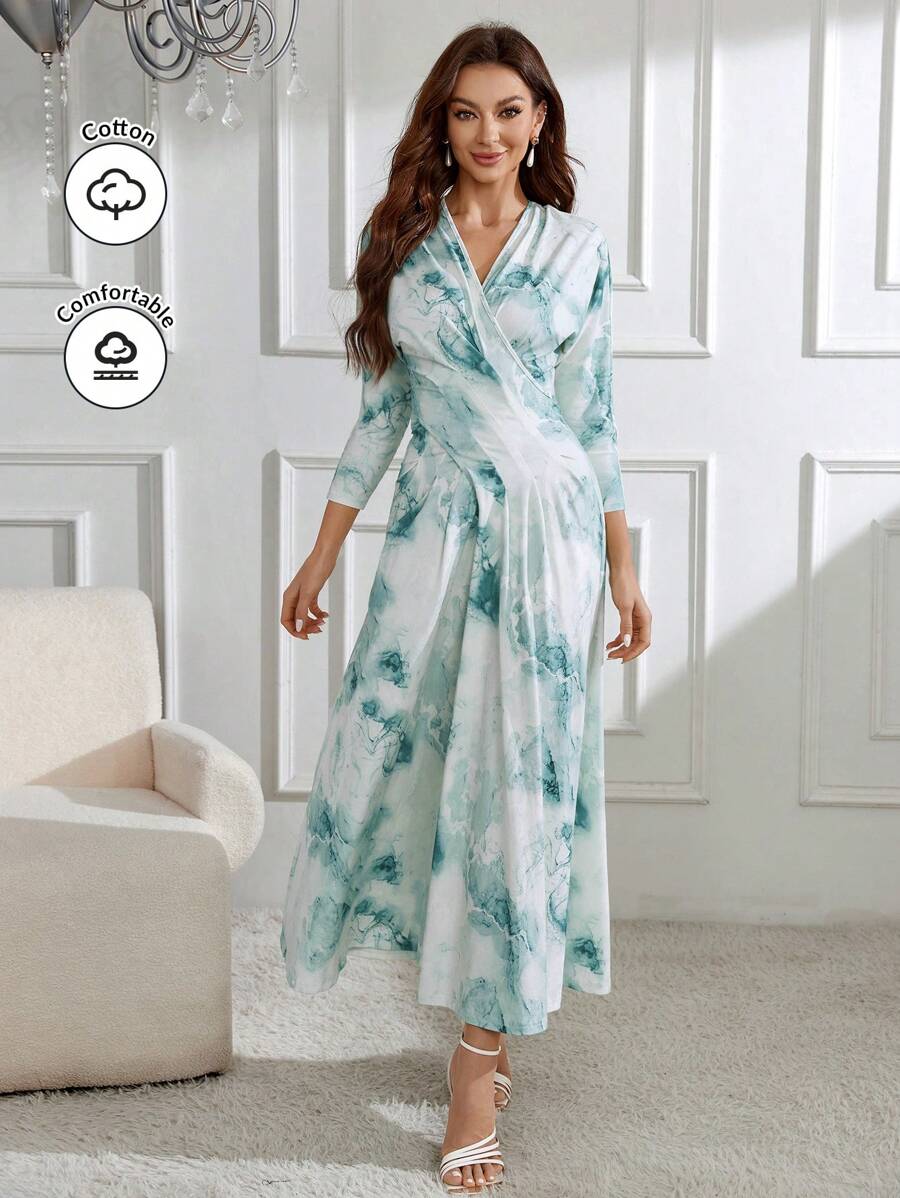 Modelyn Women's Full Print Cross Wrap Ruched Dress Long Evening Dresses - Blue - View 1