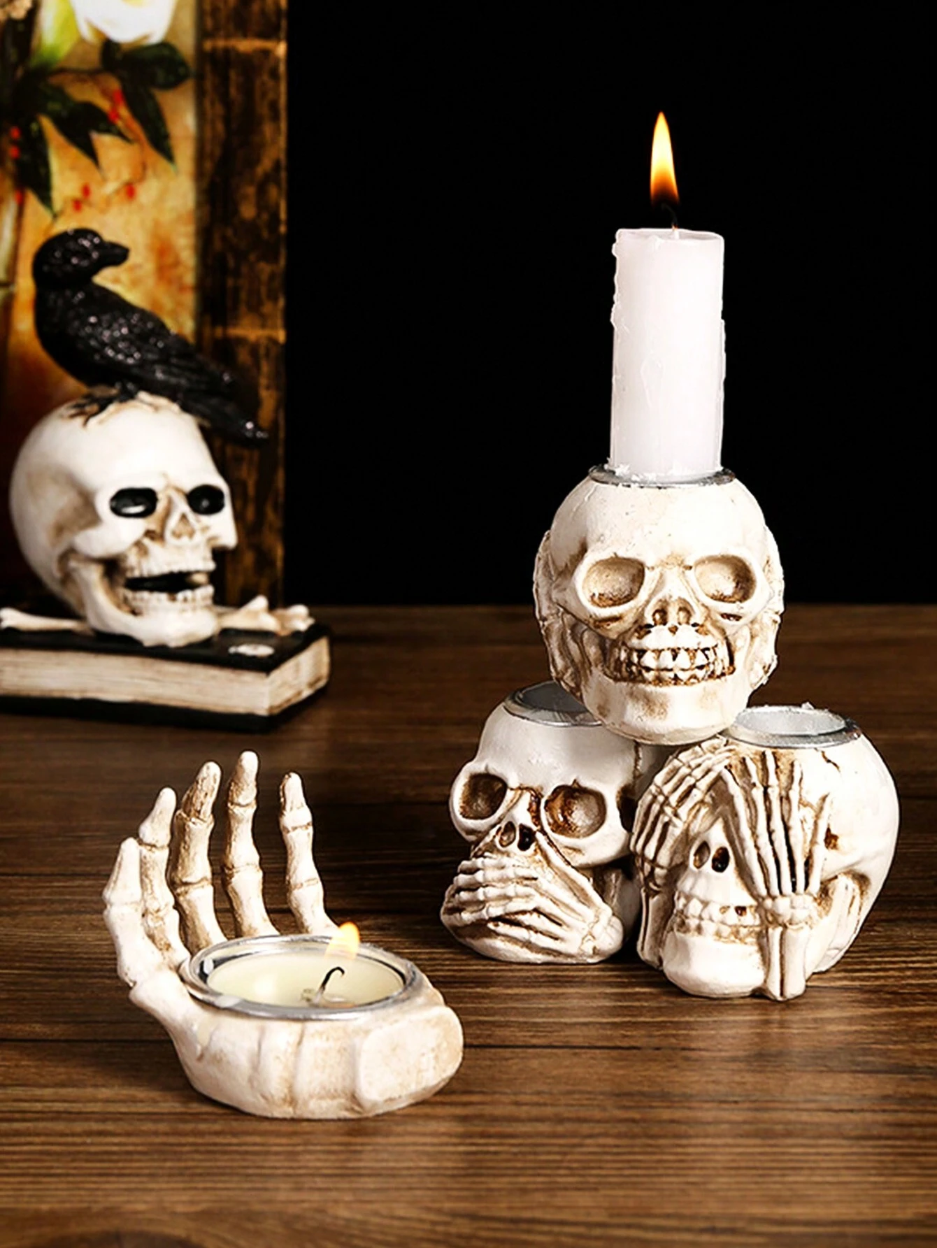 Our Goth 4pcs Halloween Skull Candle Holder Decoration Set