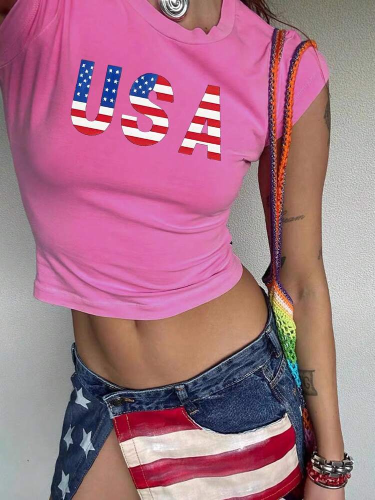 Women's American Retro  Short Hot Girl Navel Exposed Printed Tight Short Sleeve T-Shirt
