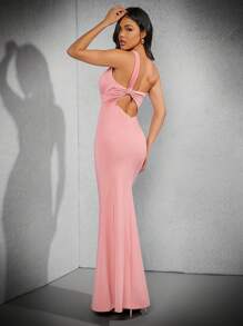 Hauture Women's Summer Sexy Solid Color Hollow Out Asymmetric Neck Backless Mermaid Bodycon Dress - Pink - View 1