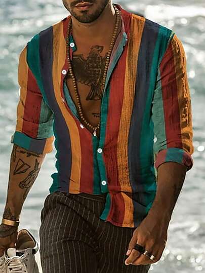 Men's Spring/Summer Loose Fit Color Block Striped Long Sleeve Casual Shirt, Fall