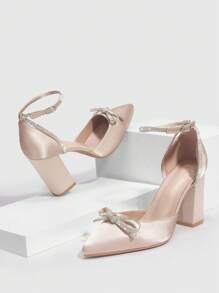 CUCCOO CHICEST Woman Shoes Rhinestone Detail Bow Decor Point Toe Chunky Beige High-Heeled Pumps For Summer Graduation Heels Prom Heels Vacation Shoes Summer Elegant Heels Spring Shoes Spring Break Easter