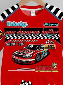 SHEIN Little Racer & Young Boy Simple Casual Round Neck Short Sleeve T-Shirt And Shorts Set, Suitable For Summer - Red - View 4