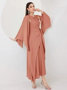 Modelyn Cloak Sleeve Knot Side Modest Long Sleeve Dress - Rusty Rose - View 4