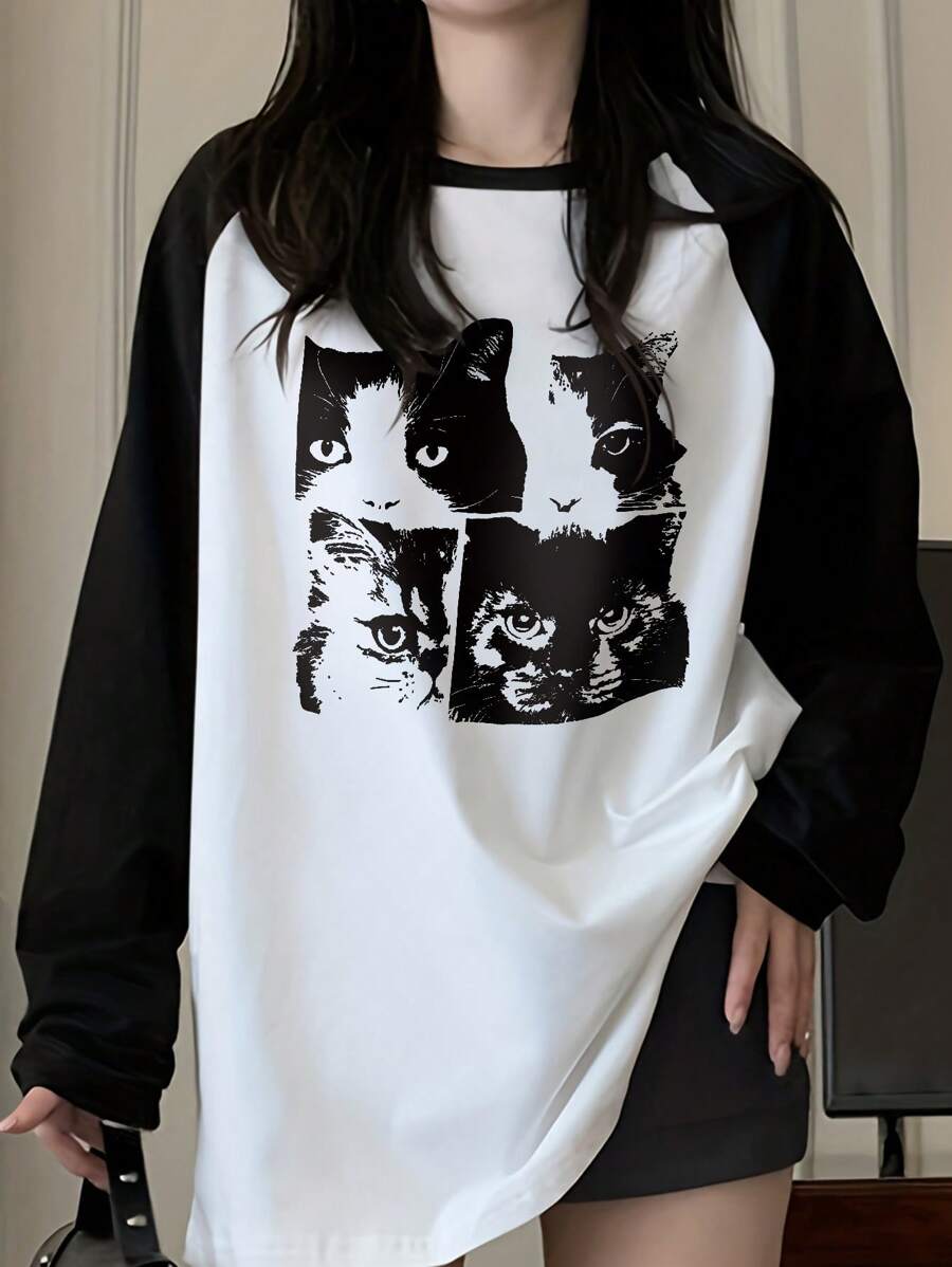 INAWLY 女士春夏休闲修身猫咪印花T恤，撞色圆领插肩长袖设计，适合春秋季穿着。 - 彩色 - 查看 1