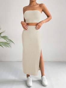 SHEIN Essnce 夏季休閒實色修身款細肩背心配側開叉裙套裝 - 米色 - 查看 6