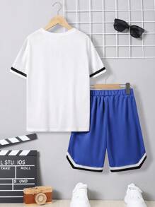 SHEIN Tween Boy Letter Print Casual Sports Round Neck Short Sleeve T-Shirt And Shorts Set