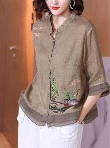 Blusa con bordado de paisaje vintage estilo chino para mujer - Multicolor - Ver 1