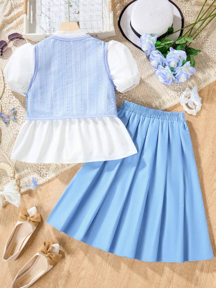 Tween Girl 3pcs Casual Elegant Holiday Party Puff Sleeve Shirt, Crocheted Vest And Pleated Skirt Set