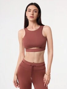 Easithlete Women's Solid Color Round Neck Hollow Out Back Sports Bra - Brown - View 1