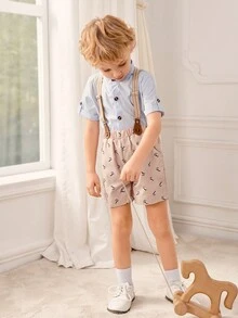SHEIN 2pcs/Set Atasan Kerah Tegak Warna Polos Elegan dan Modis dengan Celana Pendek Suspender Motif Zebra untuk Anak Laki-laki, Musim Panas - Baby Blue - View 3